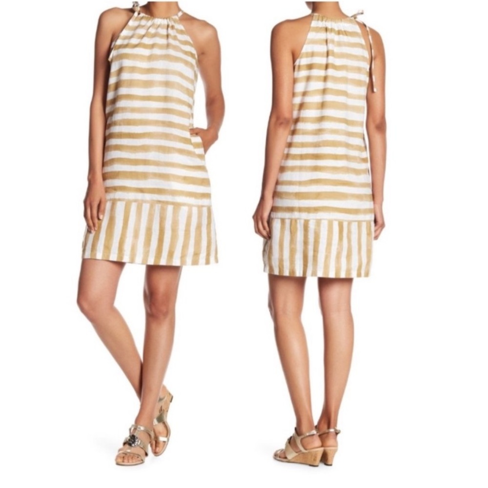 Tommy Bahama White & Tan Striped Sundress Neutral 100% Linen